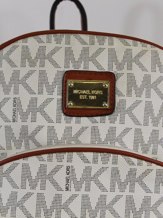 MICHAEL KORS MK LOGO BACKPACK VANILLA PVC BROWN TRIM LARGE TRAVEL